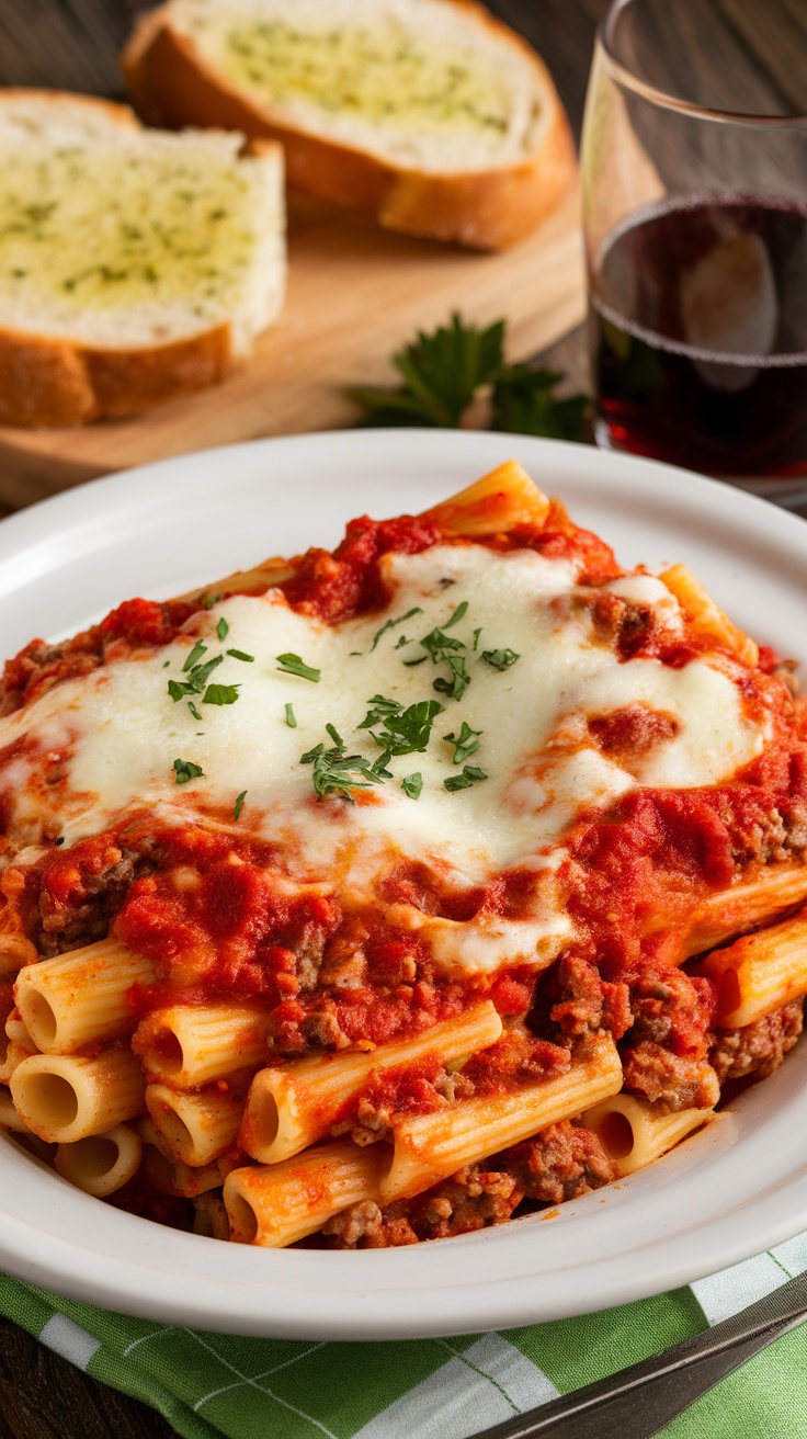 A bowl of Slow Cooker Baked Ziti with melted cheese and parsley, accompanied by garlic bread on a rustic table.